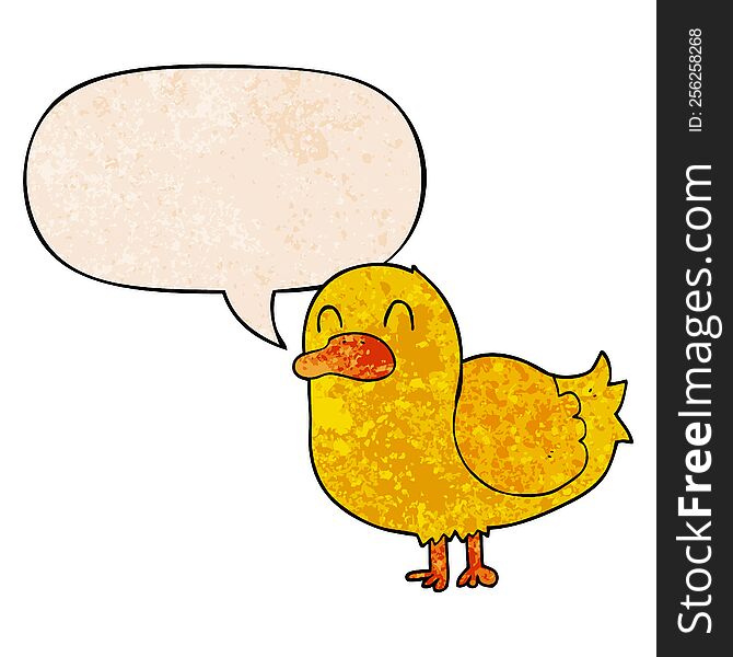 Cartoon Duck And Speech Bubble In Retro Texture Style