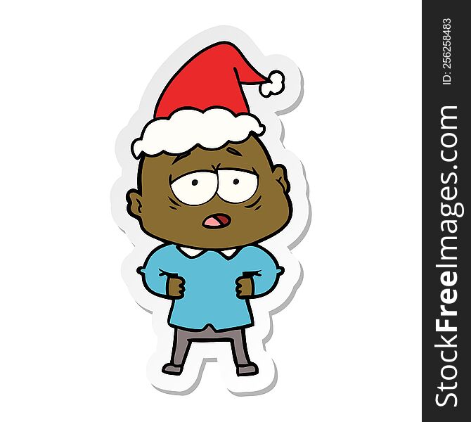 hand drawn sticker cartoon of a tired bald man wearing santa hat