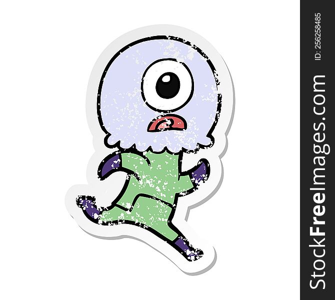 Distressed Sticker Of A Cartoon Cyclops Alien Spaceman Running