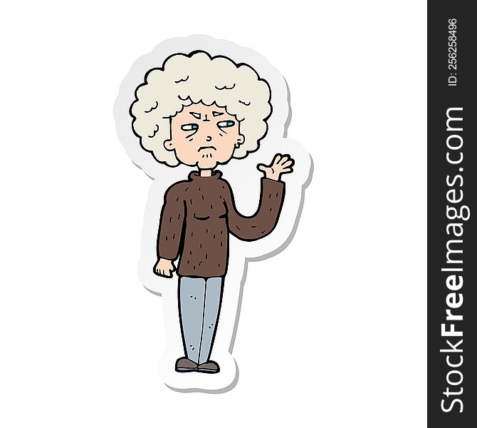 sticker of a cartoon annoyed old woman waving
