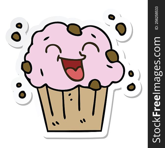sticker of a quirky hand drawn cartoon happy muffin