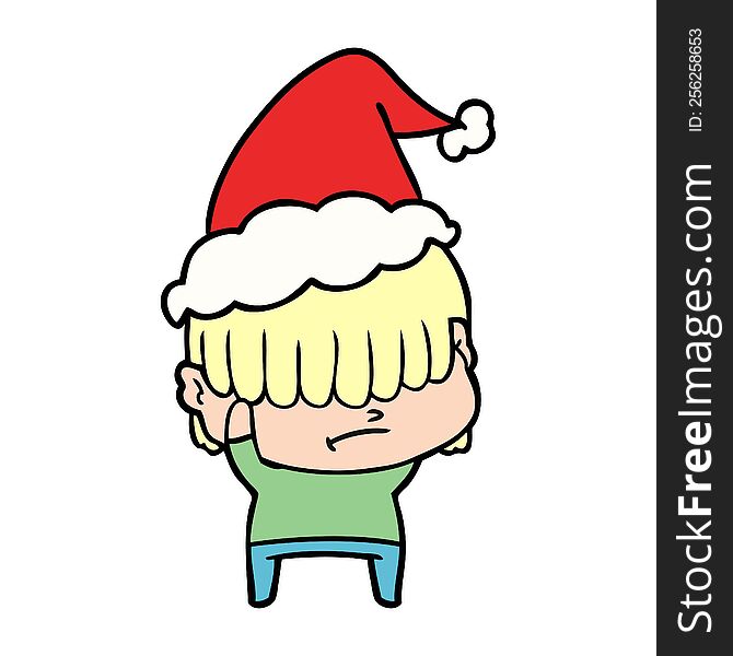 hand drawn line drawing of a boy with untidy hair wearing santa hat