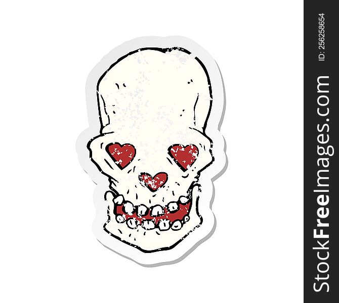 Retro Distressed Sticker Of A Cartoon Skull With Love Heart Eyes