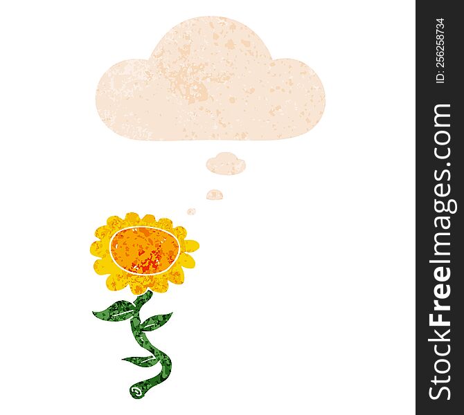 cartoon sunflower with thought bubble in grunge distressed retro textured style. cartoon sunflower with thought bubble in grunge distressed retro textured style