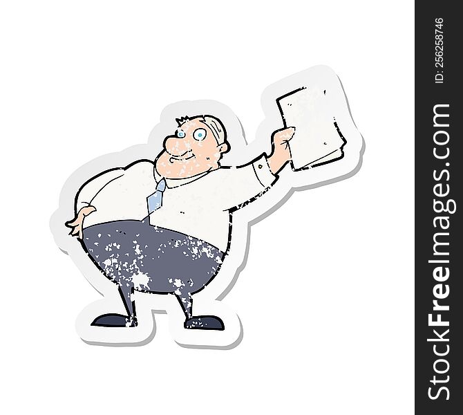 Retro Distressed Sticker Of A Cartoon Boss Waving Papers