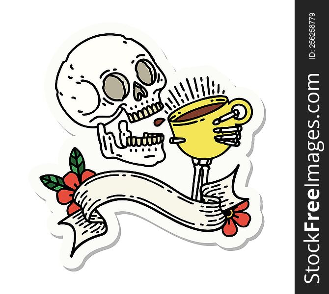 Tattoo Sticker With Banner Of A Skull Drinking Coffee