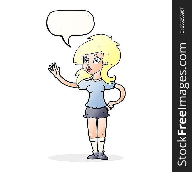 cartoon pretty woman waving for attention with speech bubble