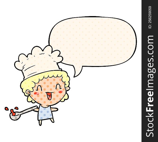 cute cartoon happy chef and speech bubble in comic book style