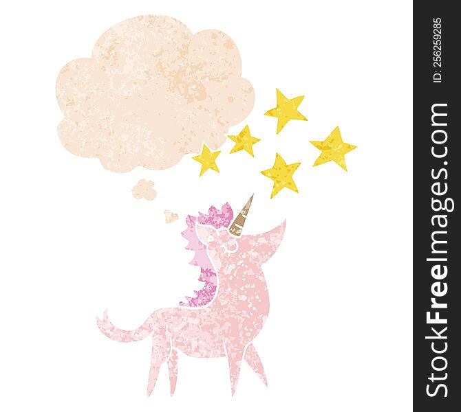 cartoon unicorn with thought bubble in grunge distressed retro textured style. cartoon unicorn with thought bubble in grunge distressed retro textured style