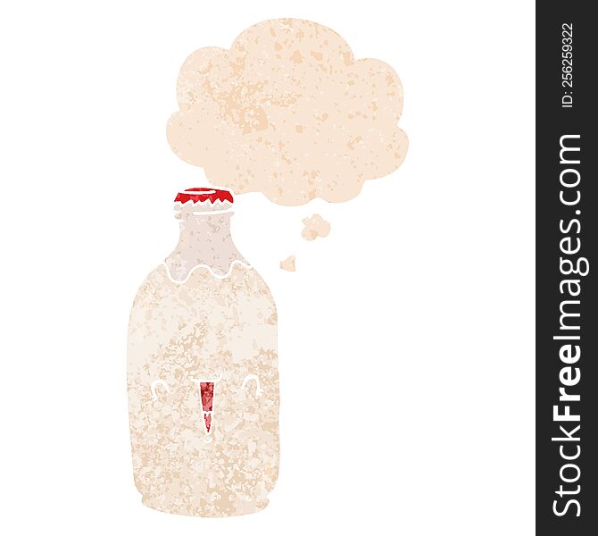 cute cartoon milk bottle with thought bubble in grunge distressed retro textured style. cute cartoon milk bottle with thought bubble in grunge distressed retro textured style