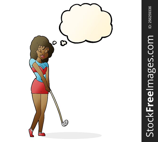 Cartoon Woman Playing Golf With Thought Bubble