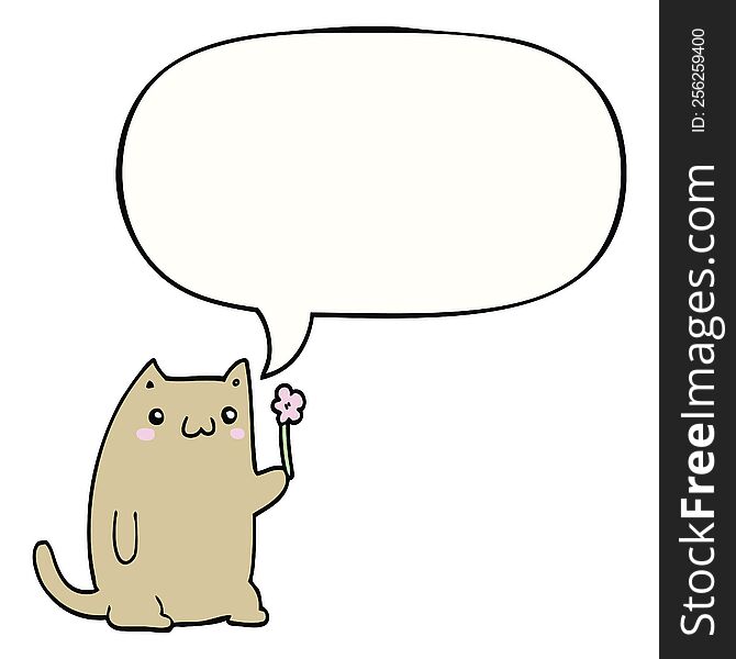 cute cartoon cat with flower with speech bubble. cute cartoon cat with flower with speech bubble