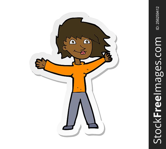 Sticker Of A Cartoon Excited Woman Waving