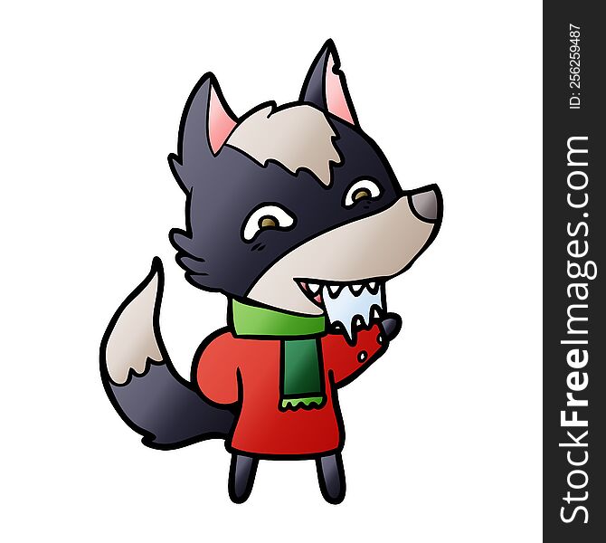cartoon hungry wolf in winter clothes. cartoon hungry wolf in winter clothes