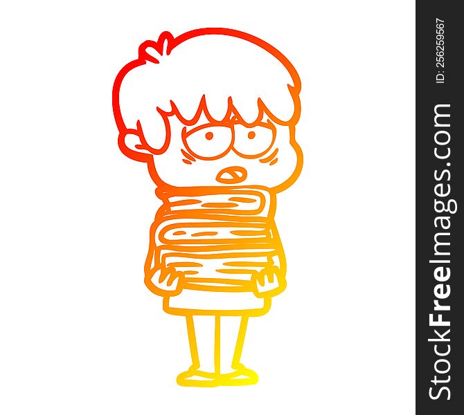 Warm Gradient Line Drawing Cartoon Exhausted Boy Holding Book
