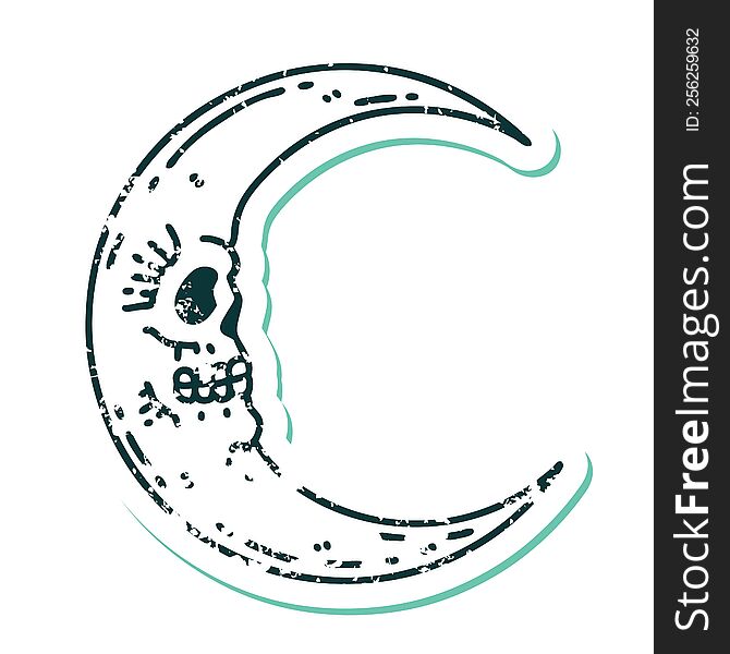 iconic distressed sticker tattoo style image of a skull moon. iconic distressed sticker tattoo style image of a skull moon