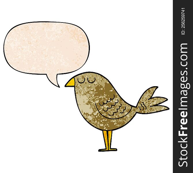 cartoon bird with speech bubble in retro texture style