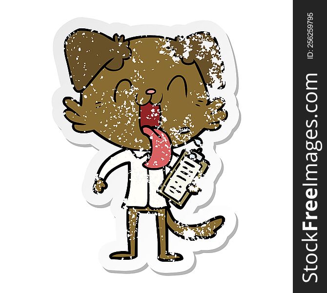 distressed sticker of a cartoon panting dog with clipboard