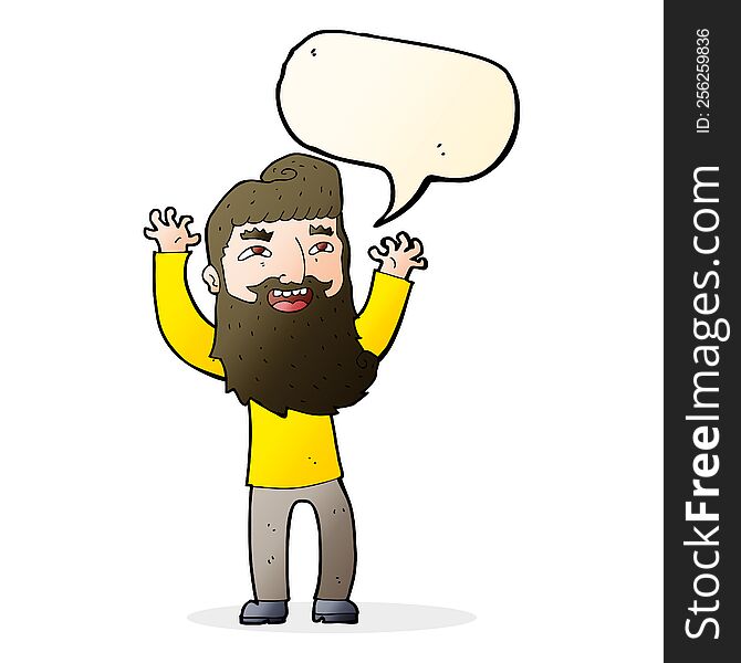 Cartoon Happy Bearded Man Waving Arms With Speech Bubble