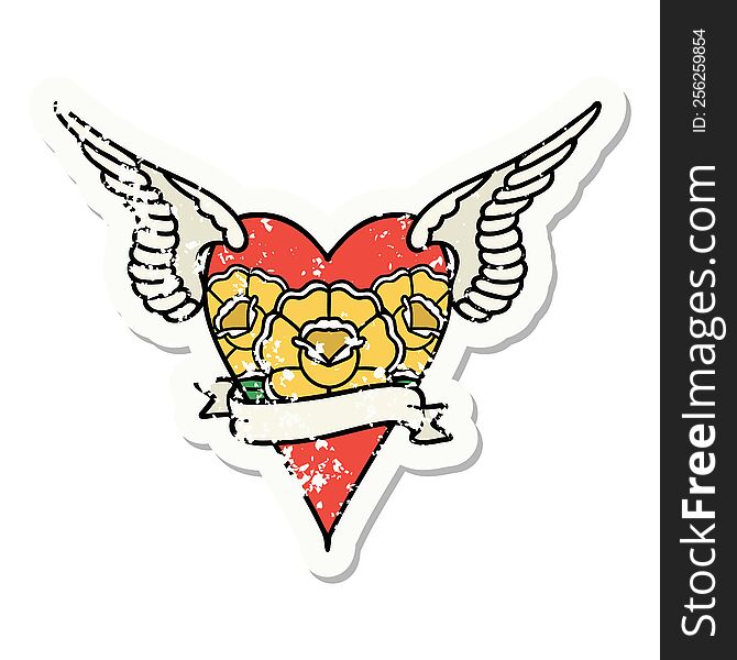 Traditional Distressed Sticker Tattoo Of A Heart With Wings And Banner