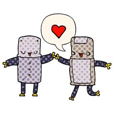 Cartoon Robots In Love And Speech Bubble In Comic Book Style Royalty Free Stock Photography