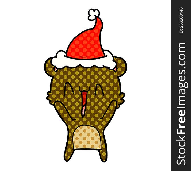 happy bear hand drawn comic book style illustration of a wearing santa hat. happy bear hand drawn comic book style illustration of a wearing santa hat