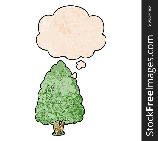 Cartoon Tall Tree And Thought Bubble In Grunge Texture Pattern Style