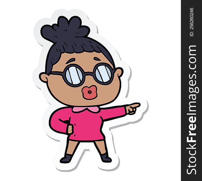 Sticker Of A Cartoon Pointing Woman Wearing Spectacles