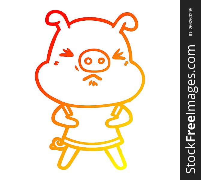 Warm Gradient Line Drawing Cartoon Angry Pig Wearing Tee Shirt