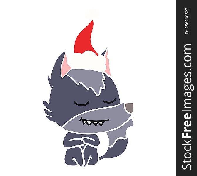 friendly hand drawn flat color illustration of a wolf sitting wearing santa hat