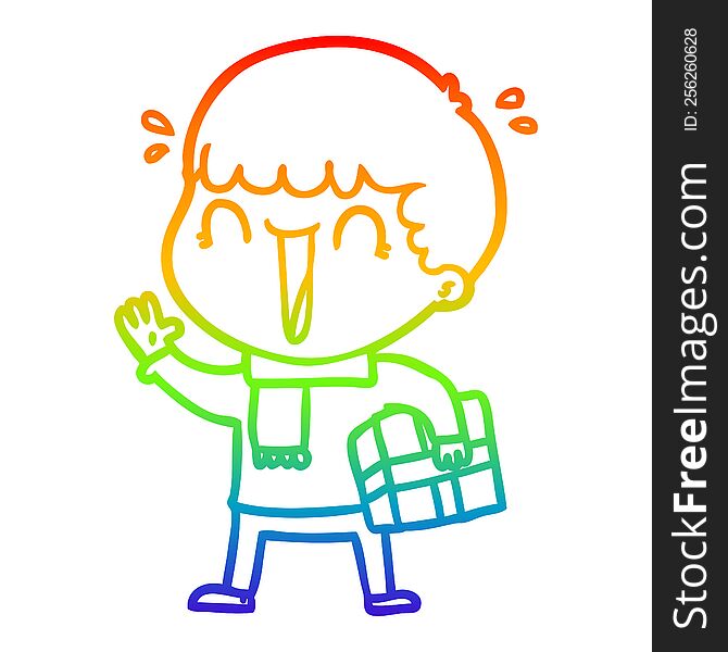 Rainbow Gradient Line Drawing Laughing Cartoon Man With Present
