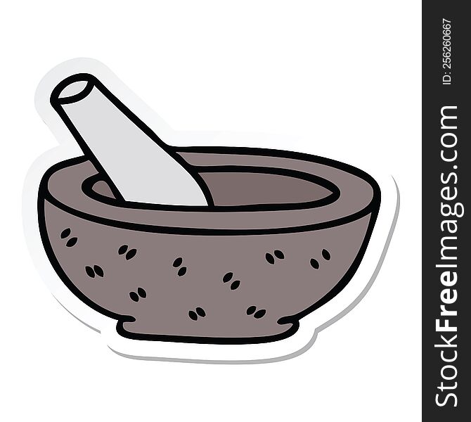 sticker of a quirky hand drawn cartoon pestle and mortar