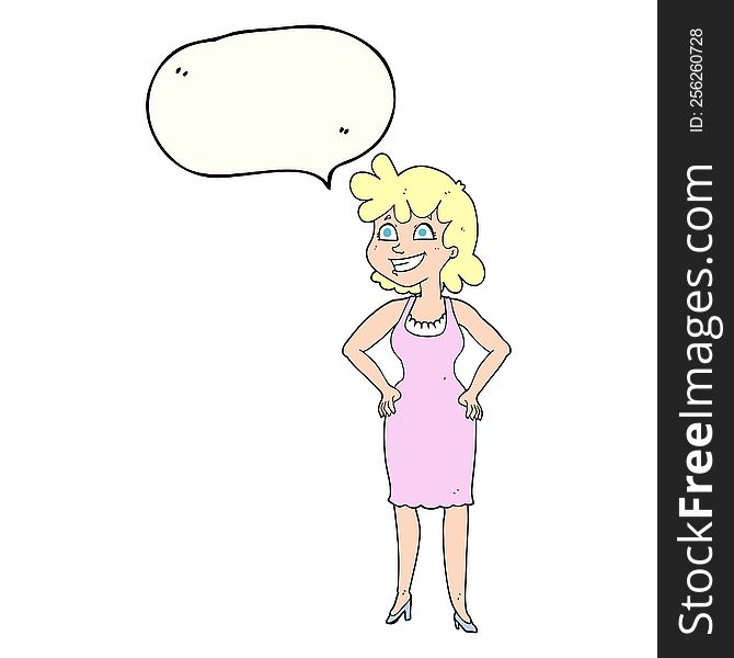 Speech Bubble Cartoon Happy Woman Wearing Dress