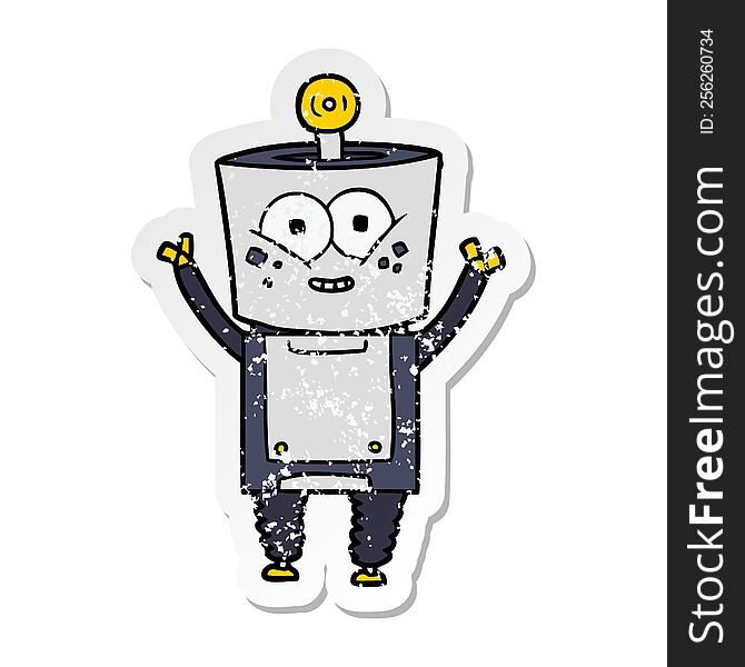 Distressed Sticker Of A Happy Cartoon Robot Waving Hello