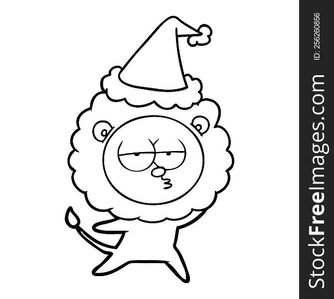 Line Drawing Of A Bored Lion Wearing Santa Hat