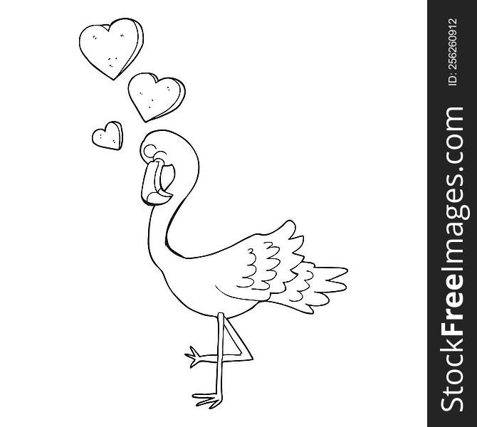 freehand drawn black and white cartoon flamingo in love