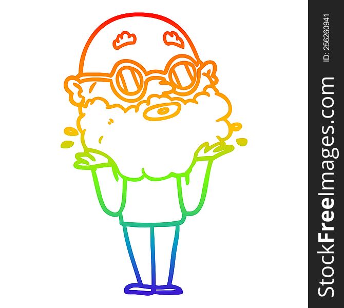 rainbow gradient line drawing of a cartoon curious man with beard and sunglasses