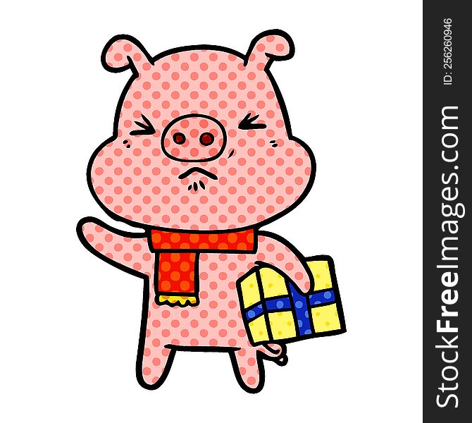 cartoon angry pig with christmas present. cartoon angry pig with christmas present