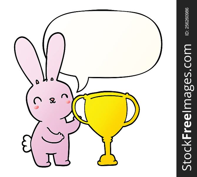 cute cartoon rabbit with sports trophy cup with speech bubble in smooth gradient style. cute cartoon rabbit with sports trophy cup with speech bubble in smooth gradient style