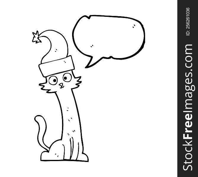 freehand drawn speech bubble cartoon cat in christmas hat