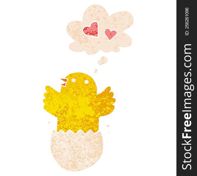 cute hatching chick cartoon with thought bubble in grunge distressed retro textured style. cute hatching chick cartoon with thought bubble in grunge distressed retro textured style