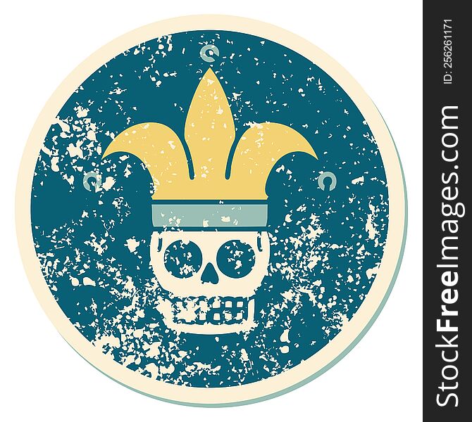 iconic distressed sticker tattoo style image of a skull jester. iconic distressed sticker tattoo style image of a skull jester