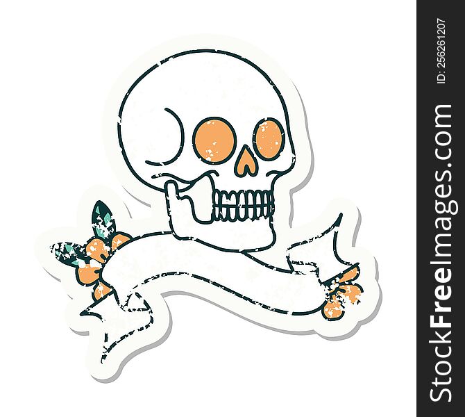 Grunge Sticker With Banner Of A Skull