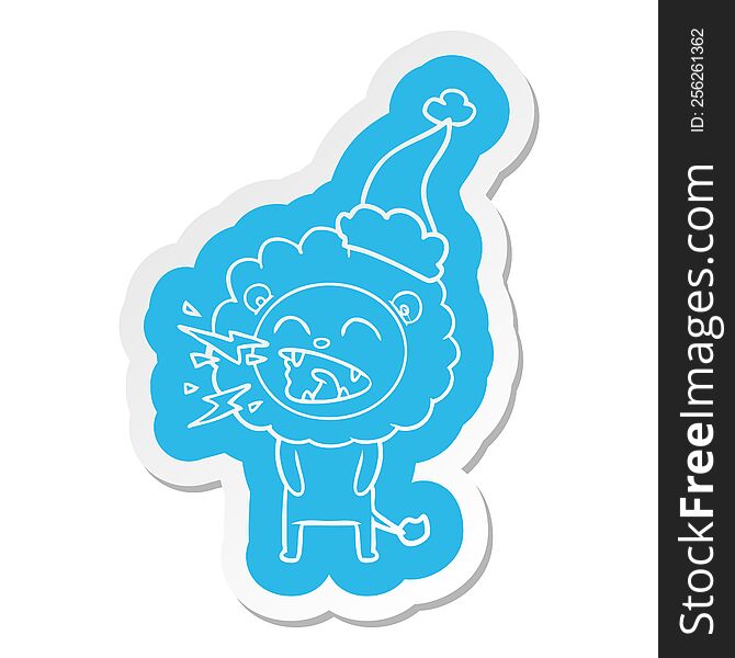 Cartoon  Sticker Of A Roaring Lion Wearing Santa Hat