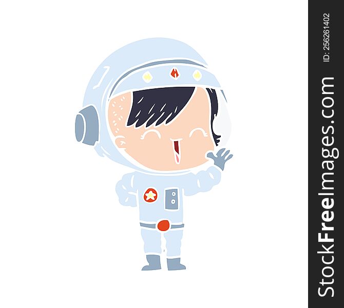 Flat Color Style Cartoon Happy Astronaut Girl Waving