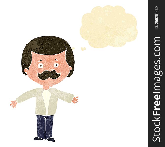 cartoon mustache man with open arms with thought bubble