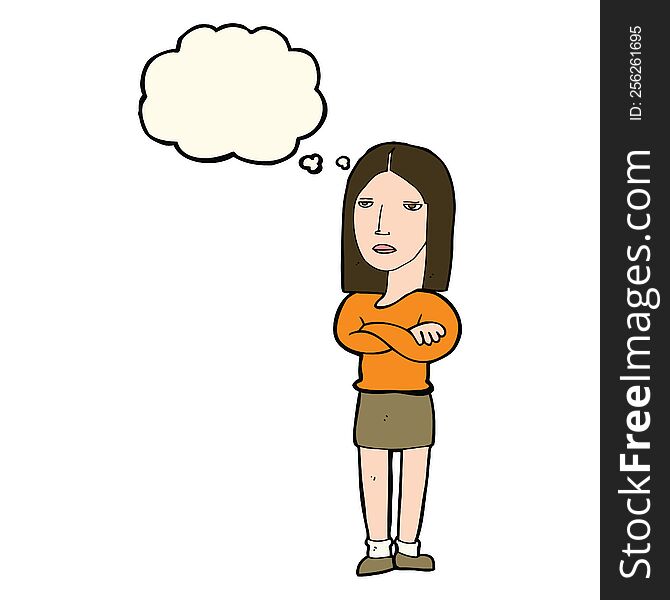 cartoon woman with folded arms with thought bubble