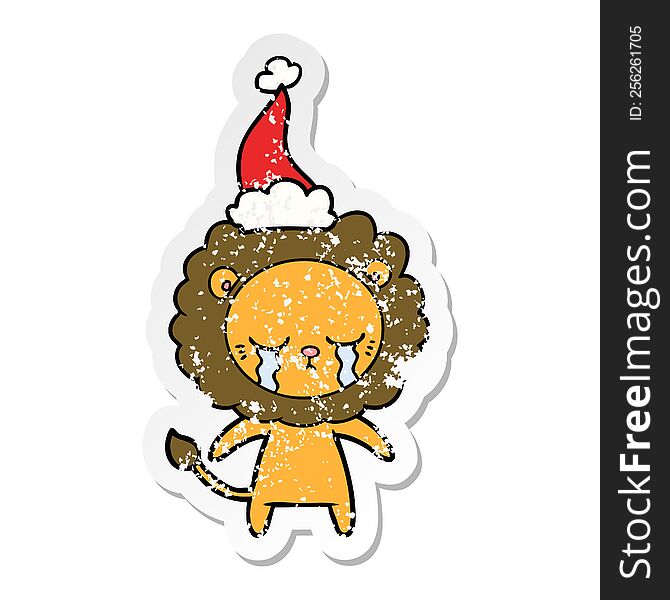 Crying Distressed Sticker Cartoon Of A Lion Wearing Santa Hat