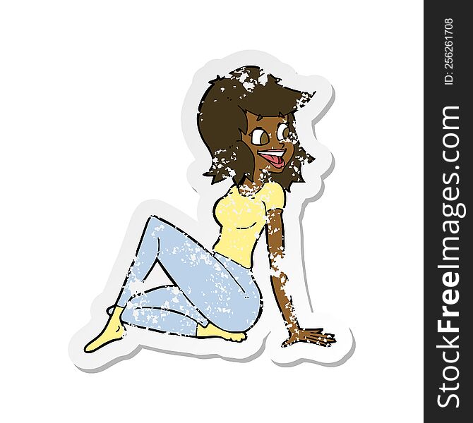 Retro Distressed Sticker Of A Cartoon Pretty Woman Looking Happy