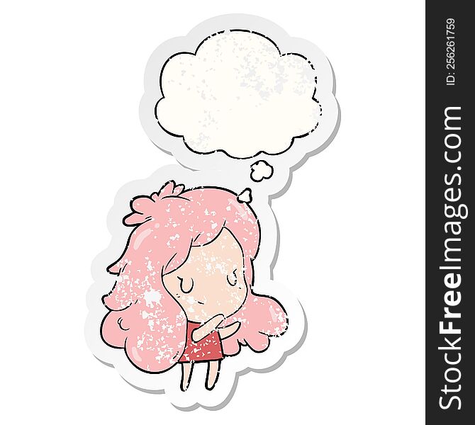 Cartoon Girl And Thought Bubble As A Distressed Worn Sticker